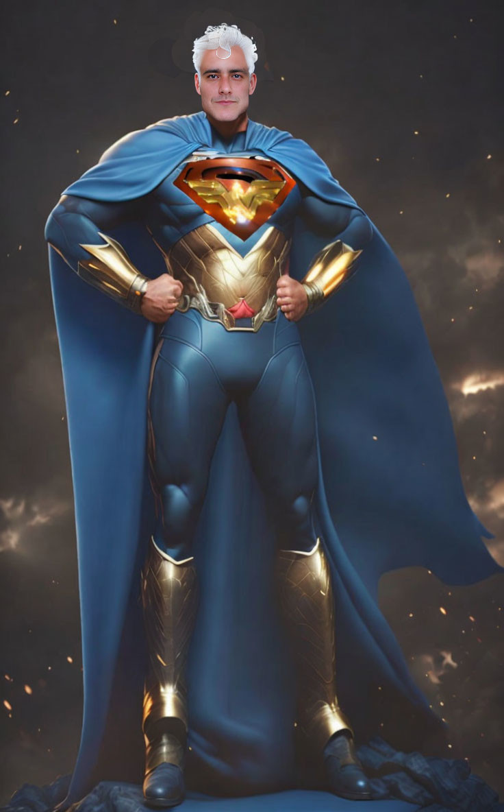 Person photoshopped as Superman against dramatic sky backdrop in classic blue costume.