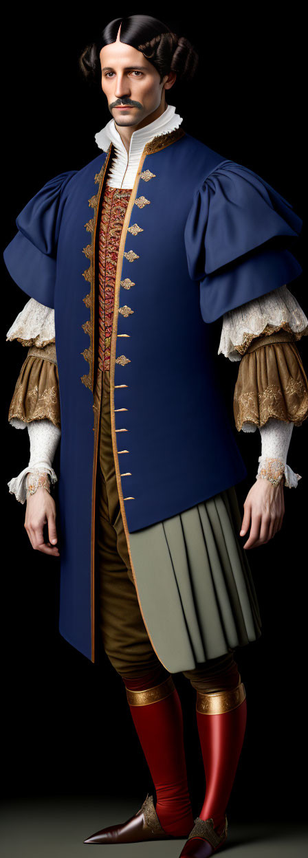 17th-Century European Man in Blue Coat and Ruffled Collar