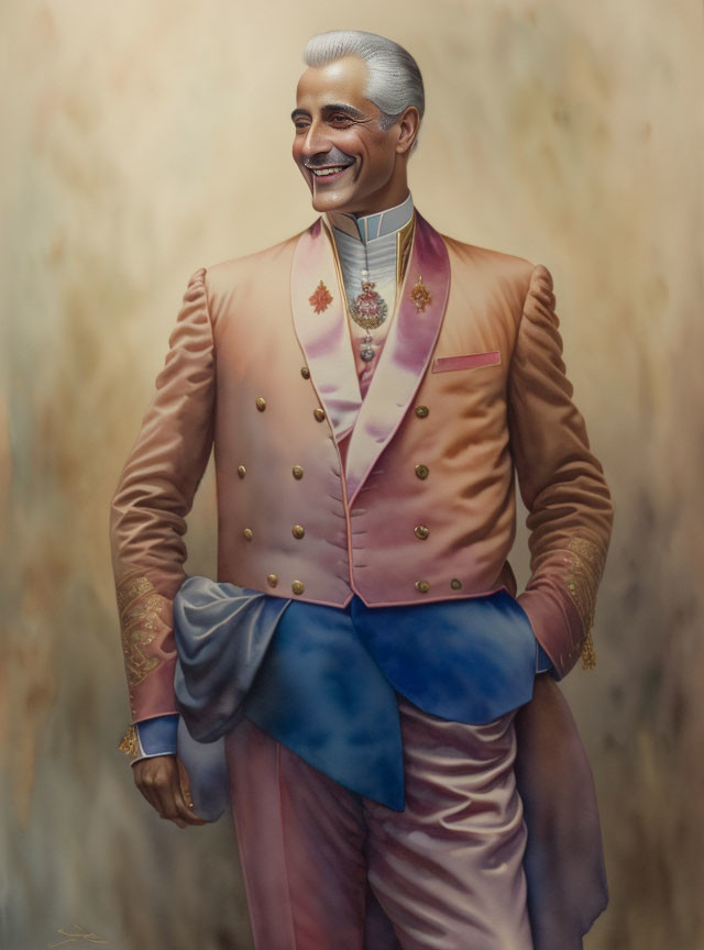 Grey-Haired Man in Pink Tailcoat with Blue Bow and Medal