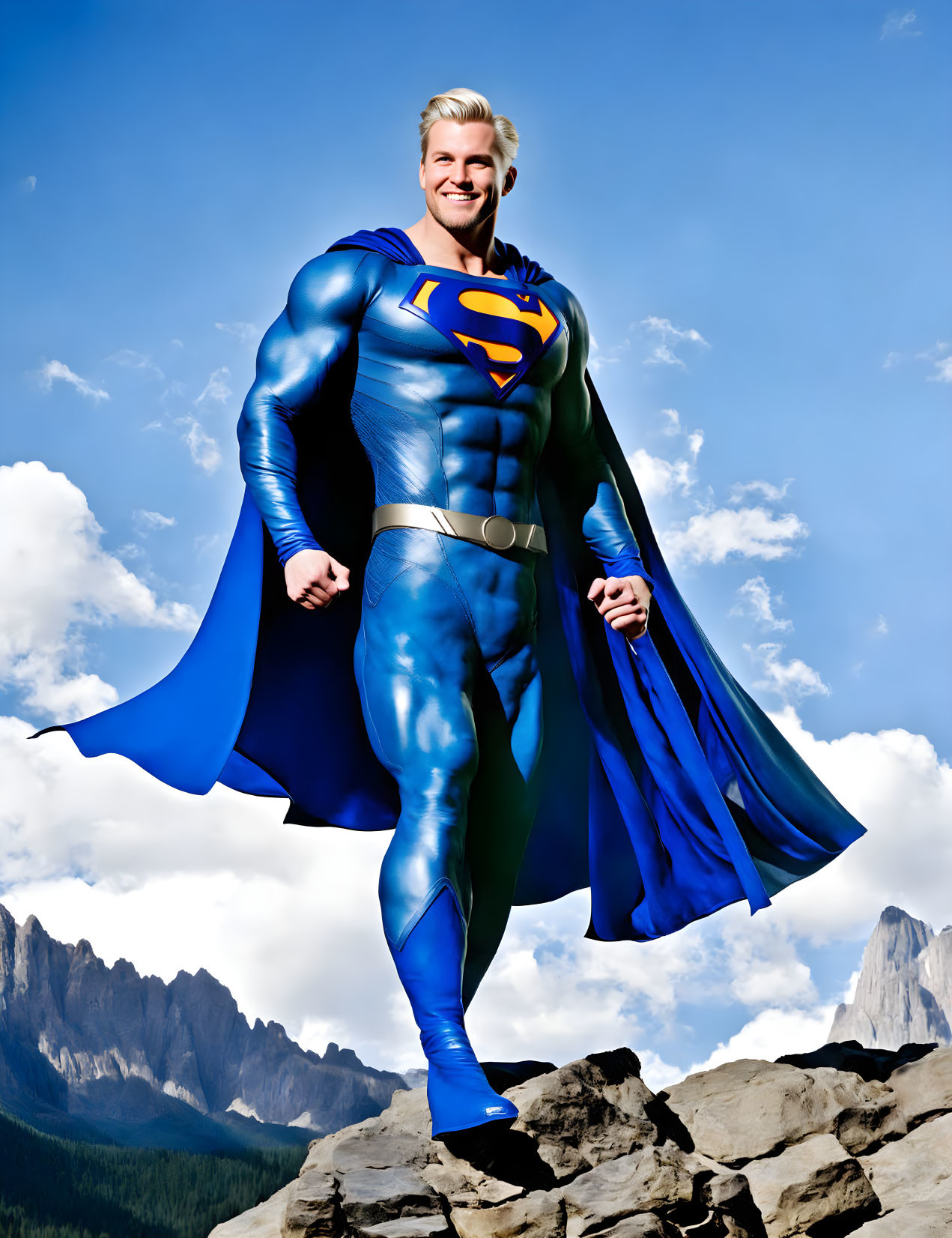 Person in Superman costume with red cape on rocks against majestic mountains and blue sky