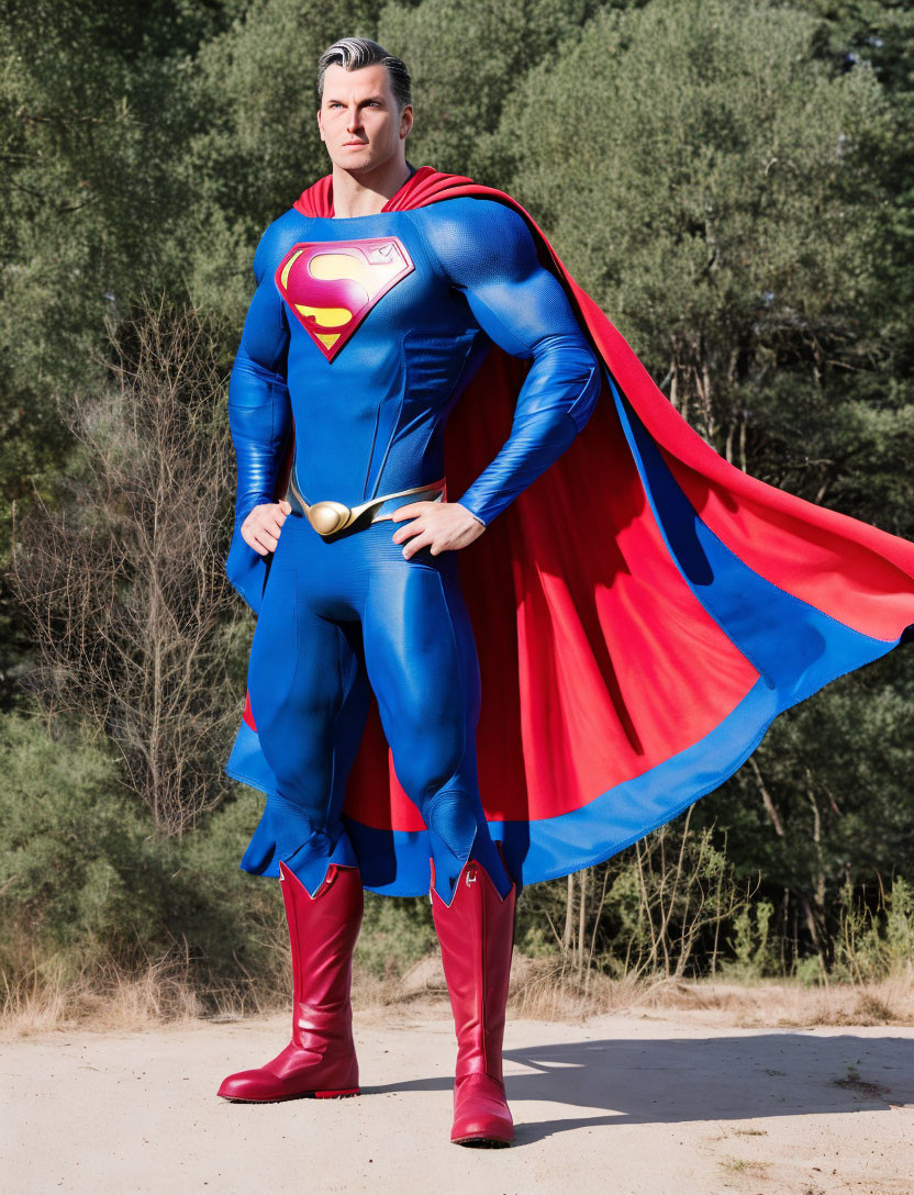 Person in Superman costume with blue suit and red cape in wooded setting