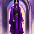 Person in purple cloak with stone archway and mystical fog background