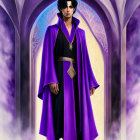 Regal figure in purple cloak before glowing archway