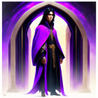 Mystical purple cloaks figures with glowing eyes on purple backdrop