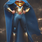 Person photoshopped as Superman against dramatic sky backdrop in classic blue costume.