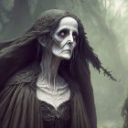 Surprised animated female character in black veil and dark dress in misty forest