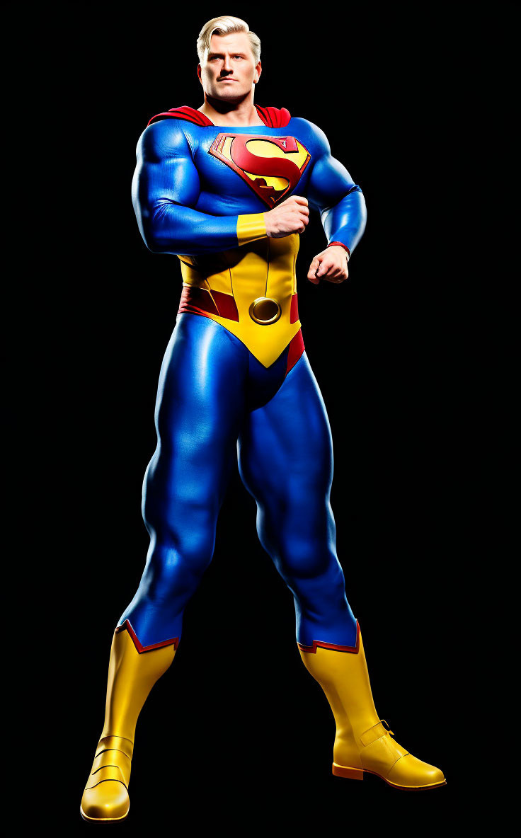 Superman in blue suit with red cape and 'S' emblem