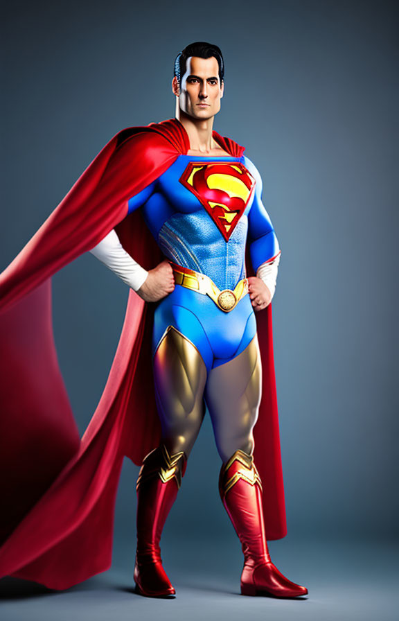 Superman digital illustration in blue suit with red cape and S-logo, hands on hips