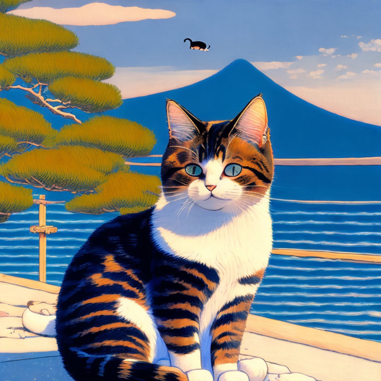 Vividly colored cat with blue eyes in front of Mount Fuji and trees, with floating character silhouette