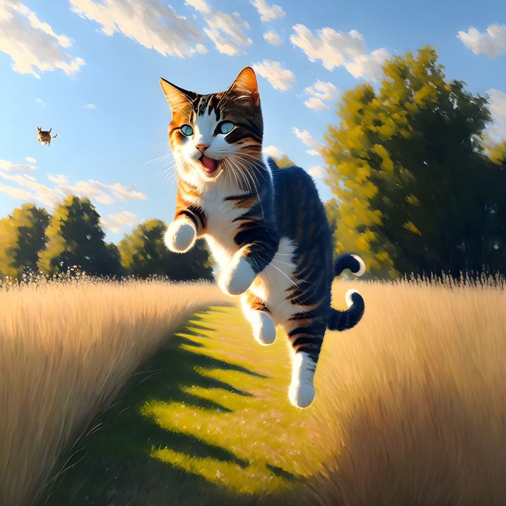 Tabby cat chasing butterfly in sunny meadow