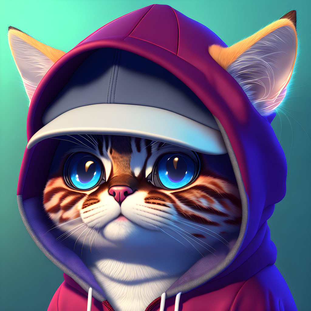 Stylized cat with blue eyes in purple hoodie and pink cap on teal background