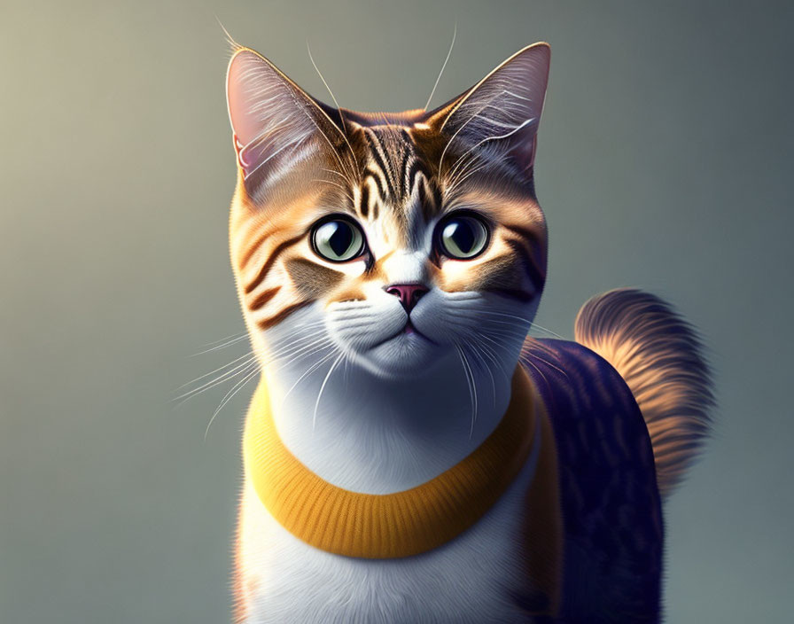 Anthropomorphic orange tabby cat in yellow turtleneck on gray background