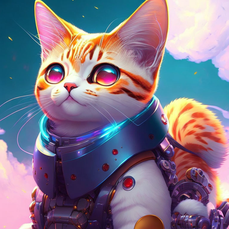 Orange and White Cat with Pink Eyes in Futuristic Collar on Whimsical Sky Background