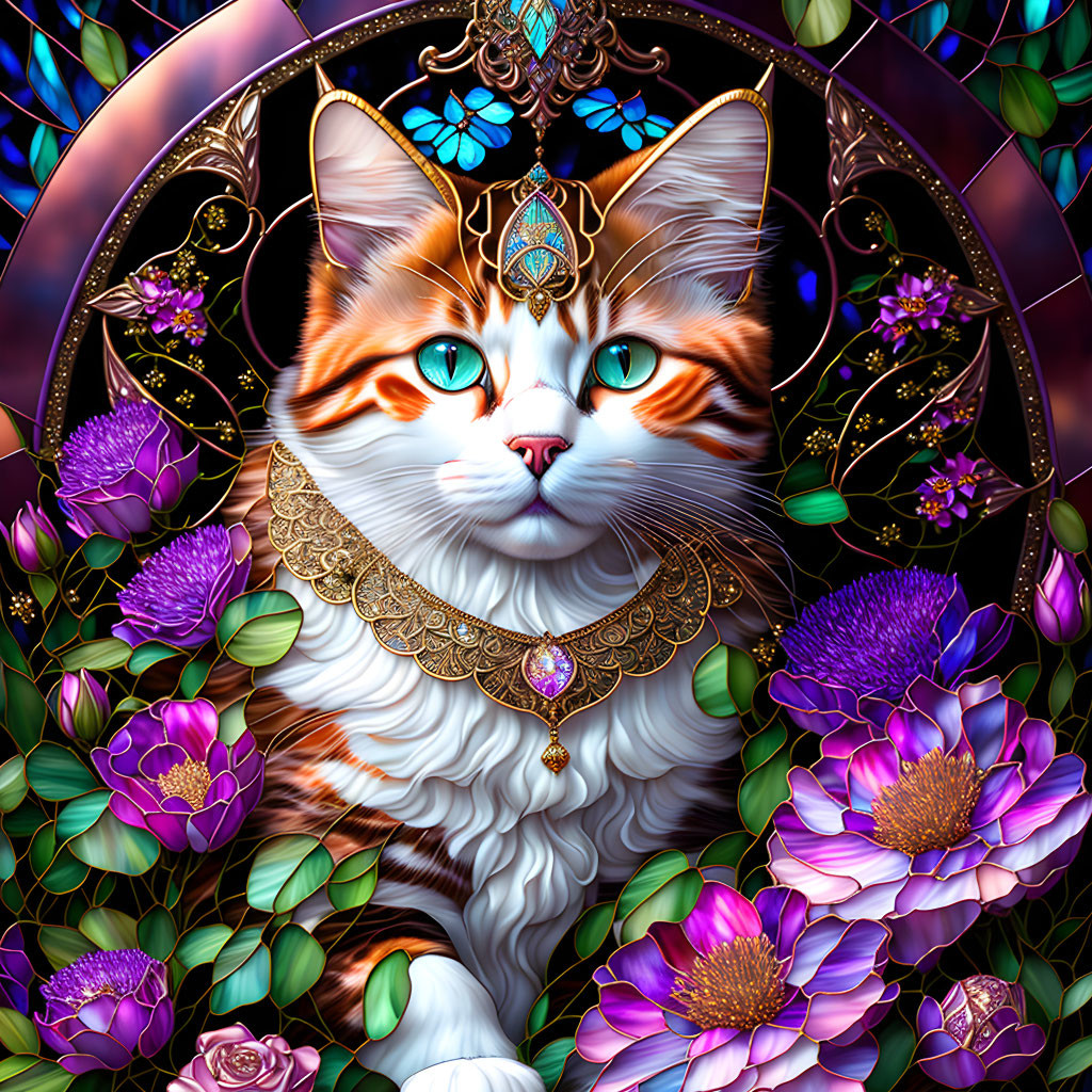 Colorful cat illustration with green eyes and jewels in floral setting