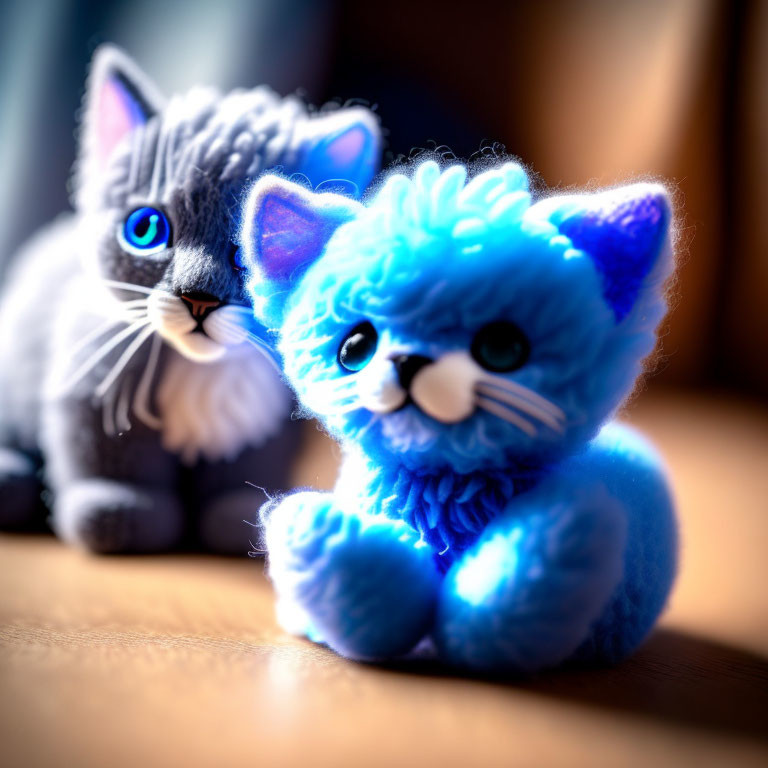 Blue and Gray Plush Toy Cats with Whiskers and Expressive Eyes