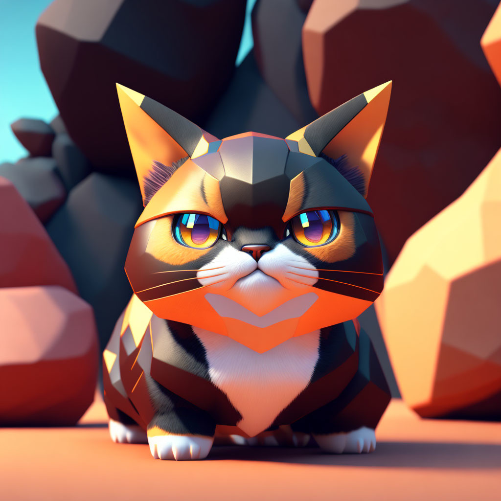 Geometric-patterned cat with purple eyes on rocky backdrop