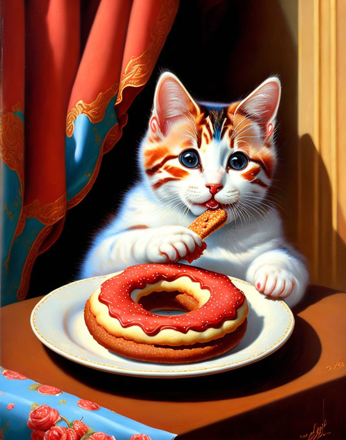 Adorable kitten with striking eyes and doughnut on plate by window.