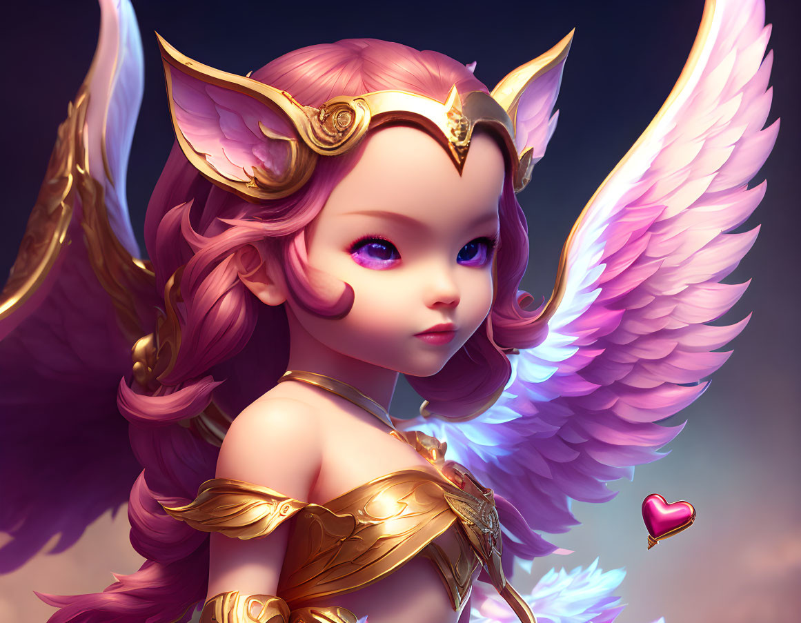 Winged fairy character with purple eyes, pink hair, golden armor, and feathered wings