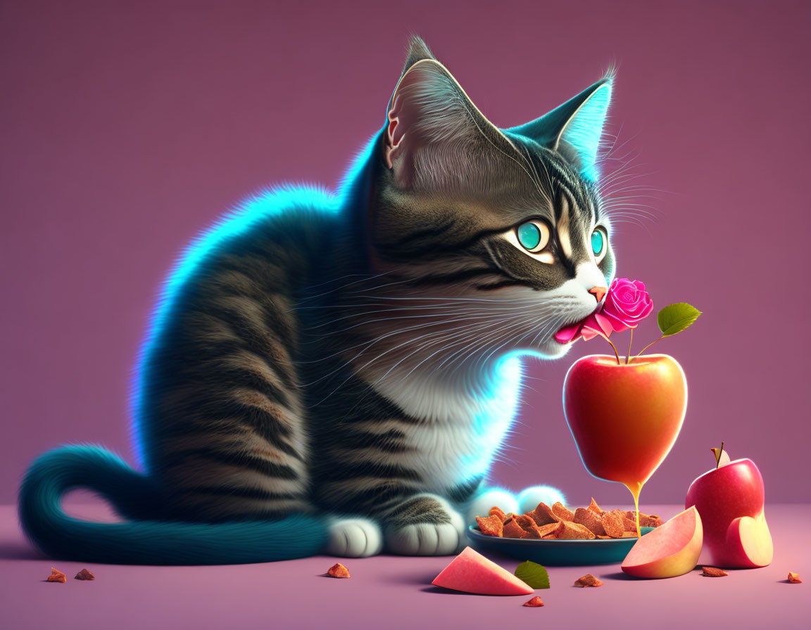 Digital Cat with Neon Blue Accents Sniffing Pink Rose on Apple with Slices and Cinnamon