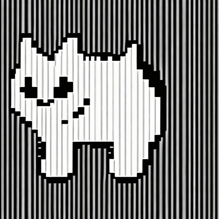 Black and white pixel art cat with glitch effect