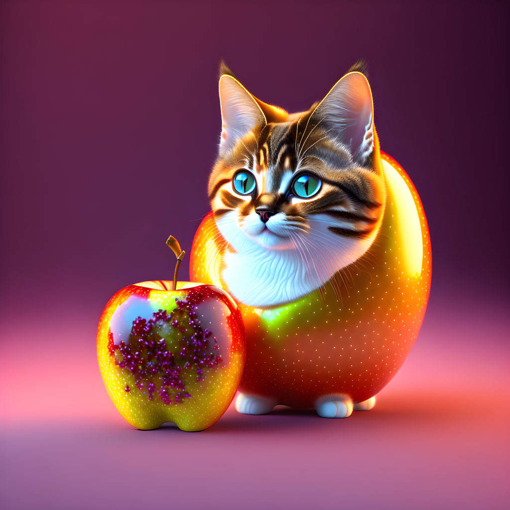 Colorful Cat Illustration with Apple-Like Body on Purple Background