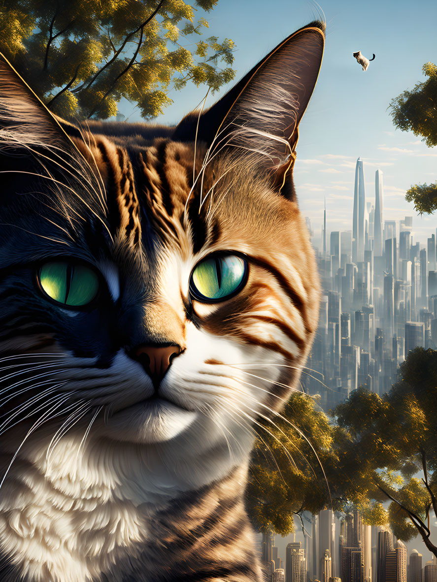 Tabby Cat with Green Eyes in Front of Futuristic Cityscape