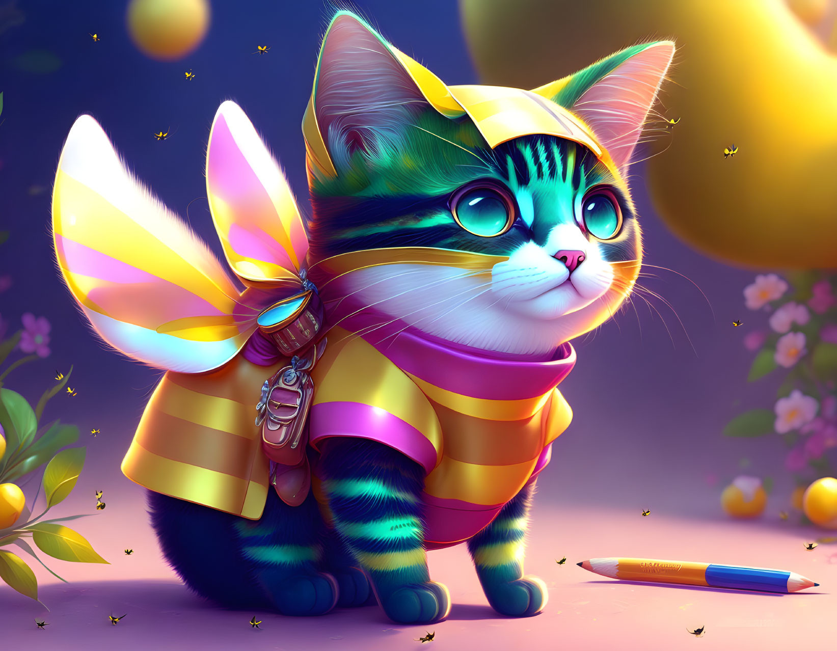 Anthropomorphic cat with butterfly wings in striped shirt surrounded by orbs and flowers