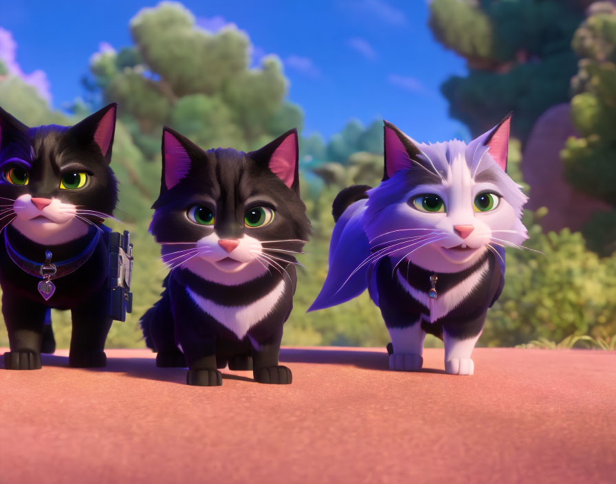 Three animated cats with expressive eyes wearing collars against a sunset backdrop.