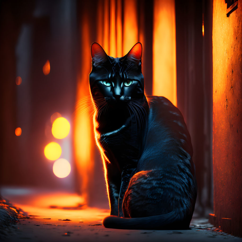 Black Cat in Moody Alleyway with Glowing Eyes