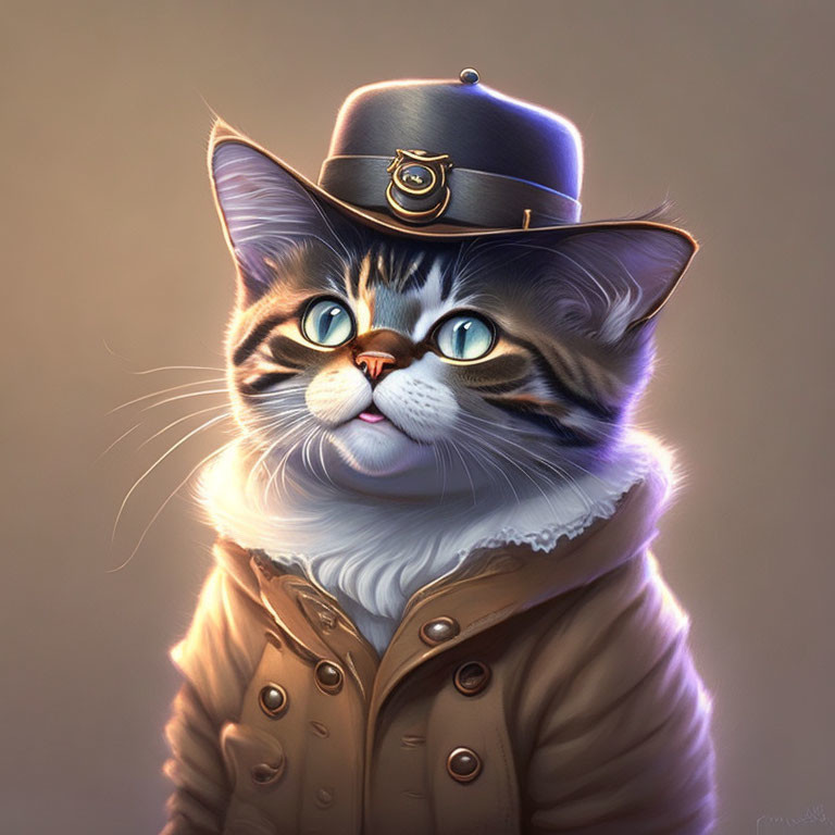 Whimsical digital painting of a cat in police uniform