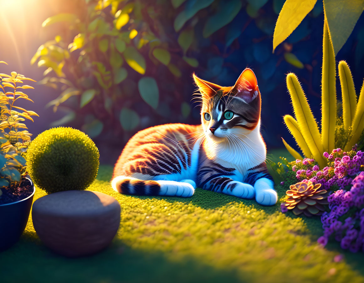 Tabby Cat with White Paws Surrounded by Colorful Plants on Green Surface