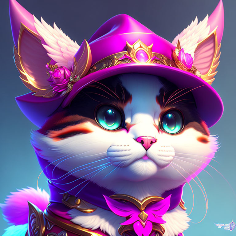 Cat digital art: vibrant blue eyes, ornate purple hat & accessories