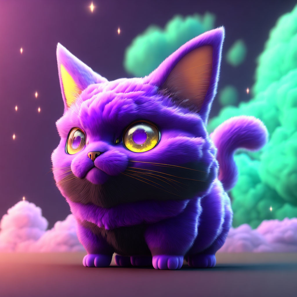 Purple Cartoonish Cat with Yellow Eyes on Green Clouds