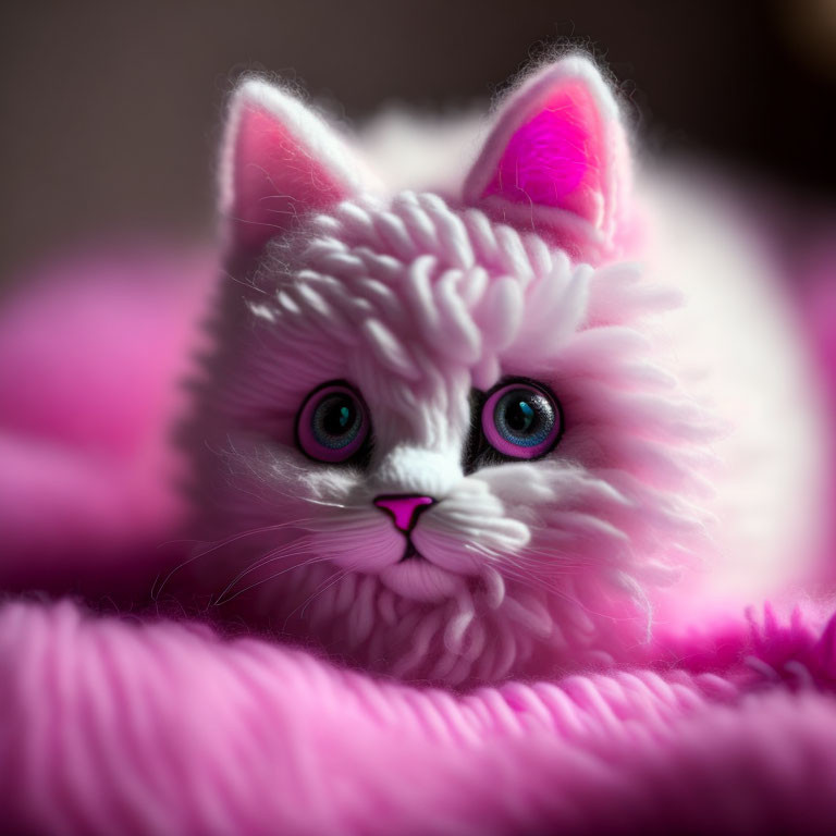 Fluffy White Toy Cat with Pink Ears and Green Eyes on Soft Pink Material