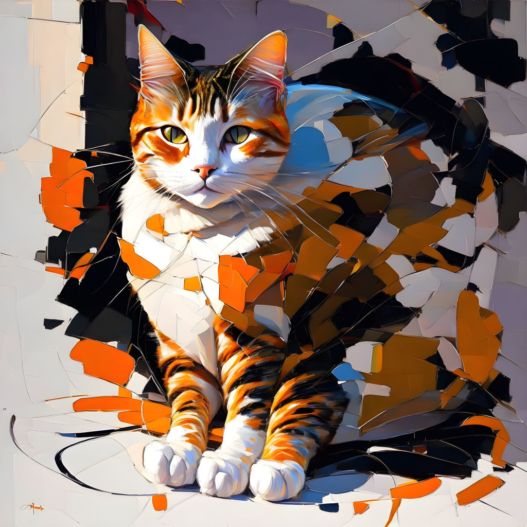 Geometric Fragmented Tabby Cat Art in Colorful 3D Style