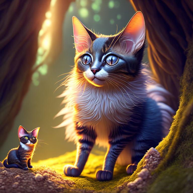 Illustrated large cat with vibrant eyes and miniature version in whimsical forest setting