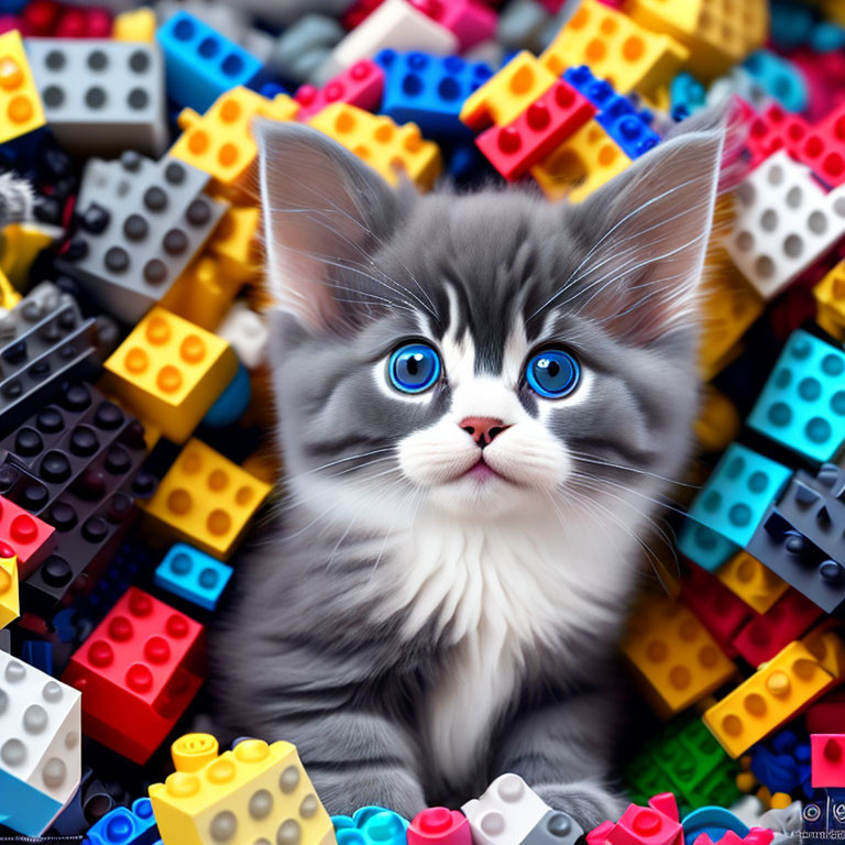 Adorable Gray and White Kitten with Blue Eyes Among Colorful Lego Bricks