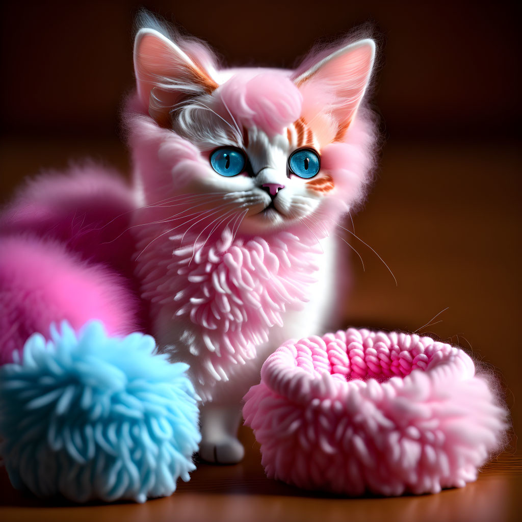 Pink Fluffy Kitten with Blue Eyes and Yarn Balls in Basket