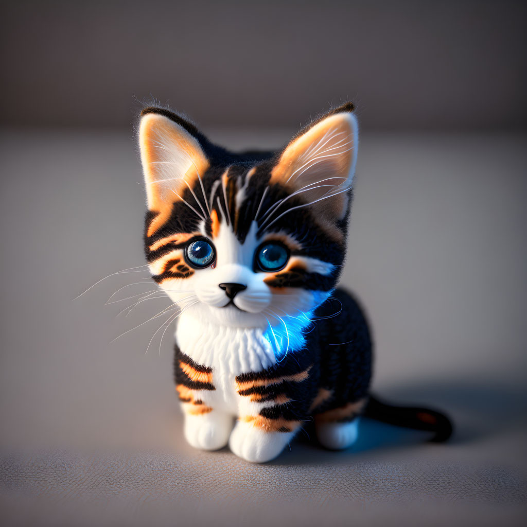 Adorable wide-eyed kitten with black and orange stripes and blue collar