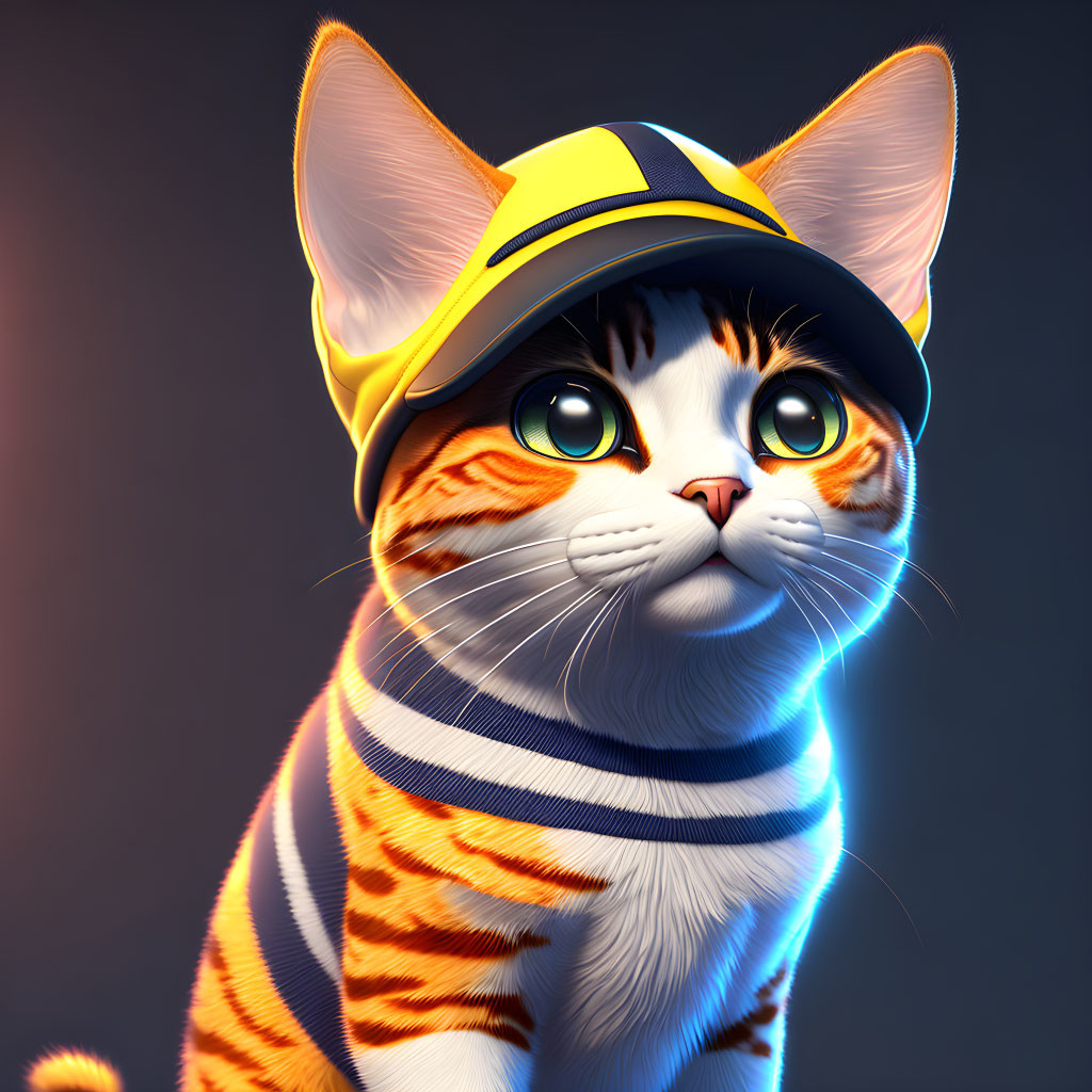 Orange Tabby Cat in Yellow Firefighter Helmet Illustration