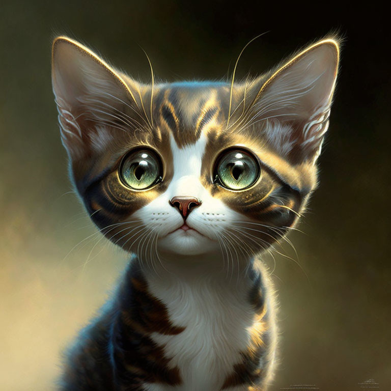 Detailed digital painting of a kitten with expressive green eyes and striped fur