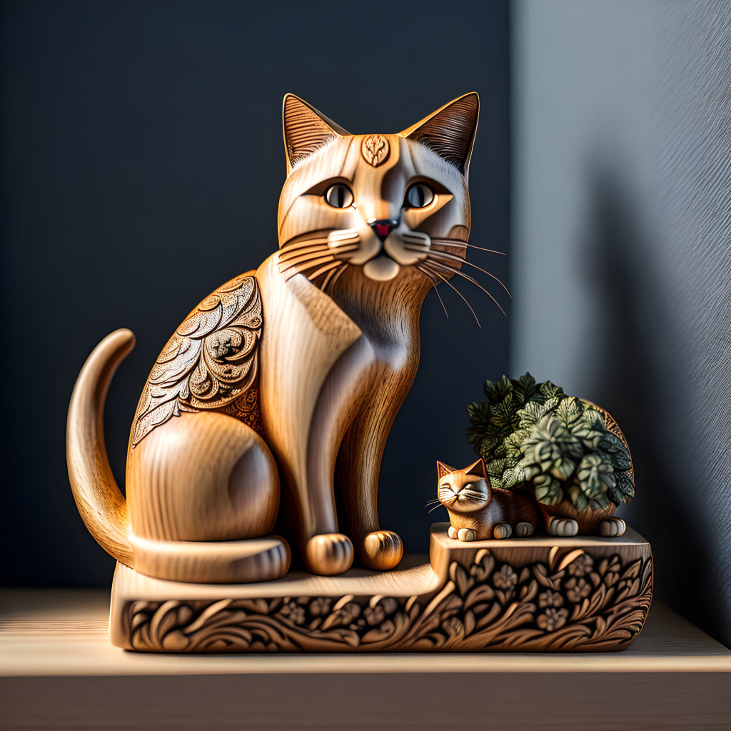 Wooden Cat Sculpture with Intricate Patterns Next to Succulent Plant