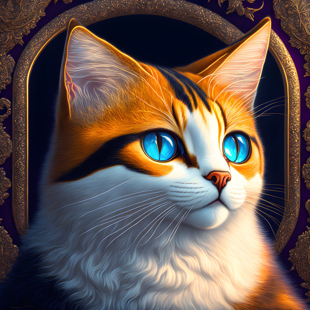 Detailed cat illustration with blue eyes on ornate purple background