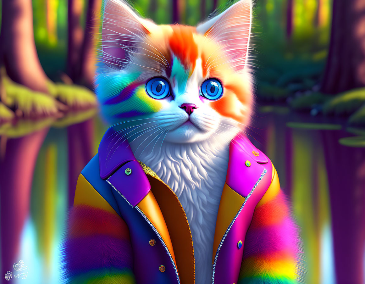 Colorful Fluffy Kitten with Blue Eyes in Vibrant Forest Scene