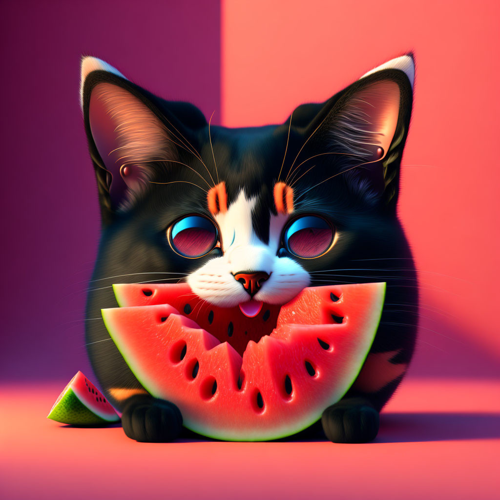 Stylized digital image of cat eating watermelon on colorful background