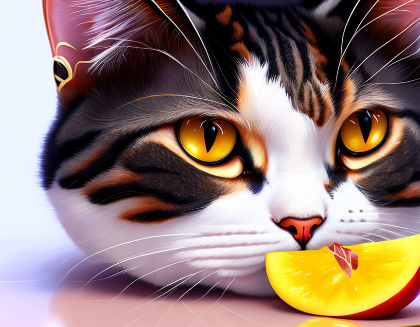 Close-Up Digital Artwork: Calico Cat with Amber Eyes and Orange Slice on Purple Background