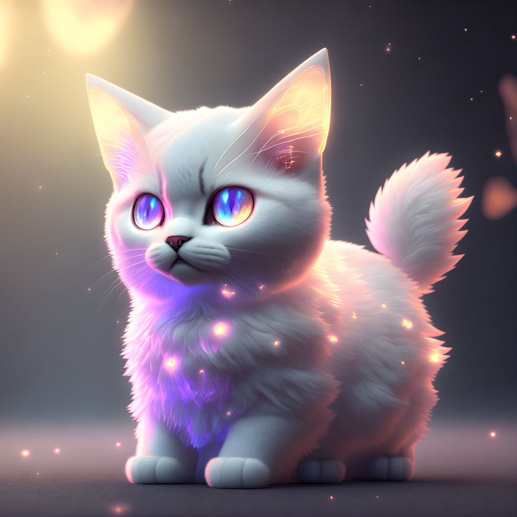 Whimsical white kitten with multicolored eyes and glowing lights