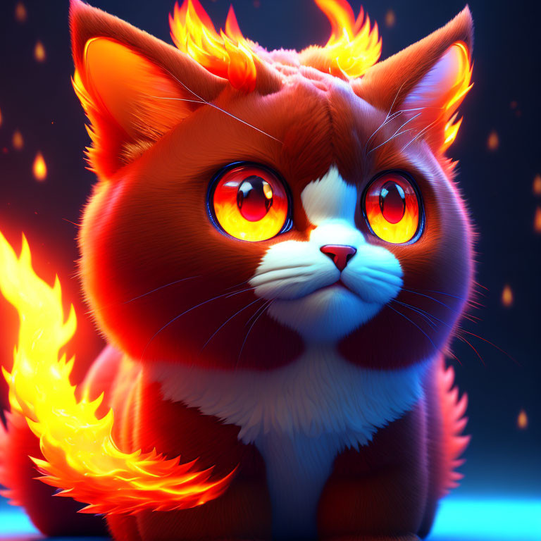 Vibrant orange cat with fiery fur and glowing eyes on blue background