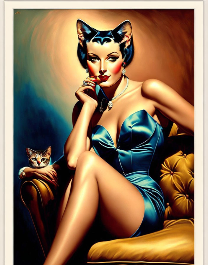 Stylized illustration of woman with feline features in blue dress on golden sofa