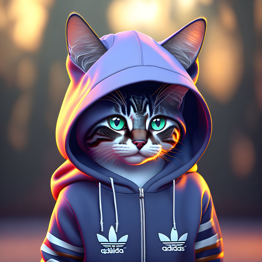 Digital illustration of a cat in a blue Adidas hoodie against blurred backdrop